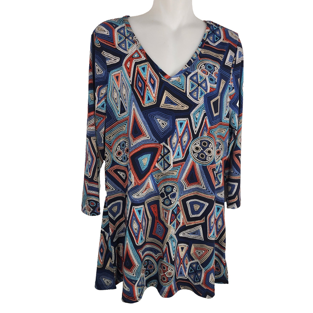 Attitudes by Renee Womens 3/4 Sleeve Printed V-Neck Tunic Top M Artsy Colorful